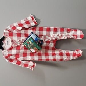 Mud Pie Red and White Check Ruffle Front Onesie with Holiday Book